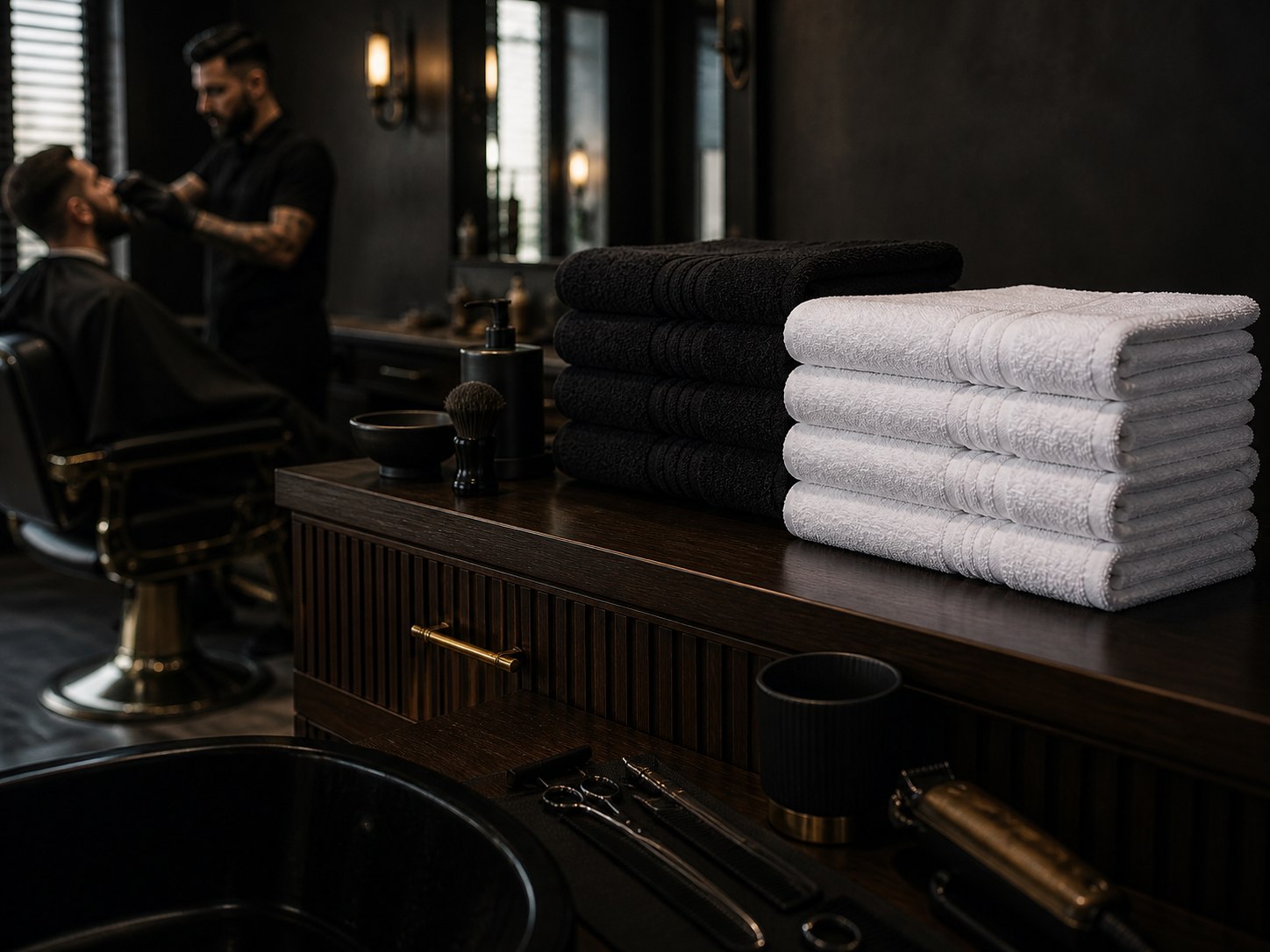 Toalhas profissionais brancas e pretas ambientadas em uma barbearia
