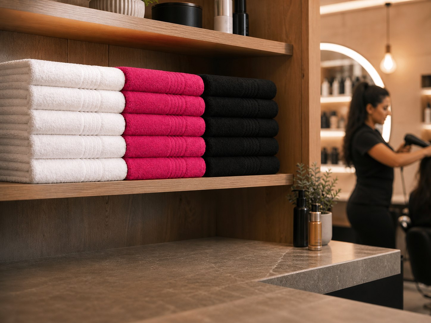Toalhas profissionais brancas, pink e pretas organizadas em um salão de beleza